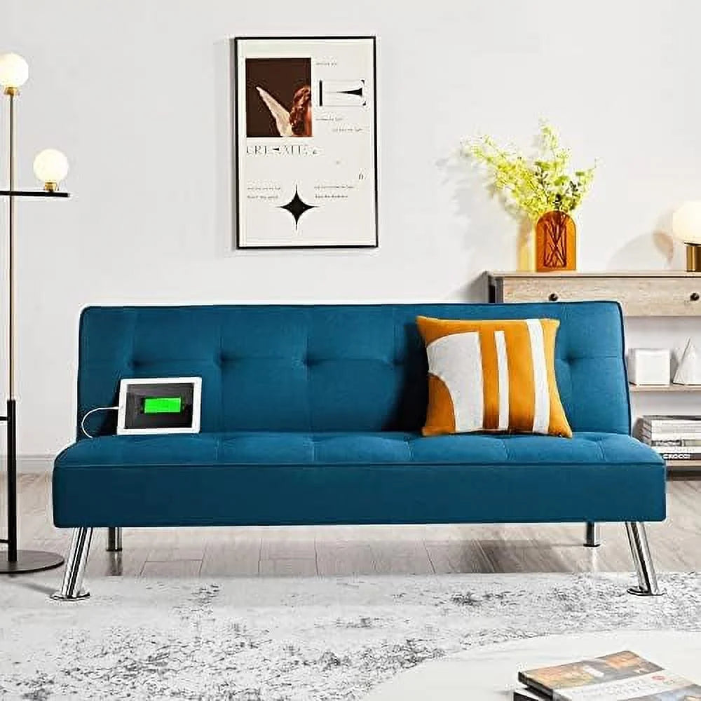 Convertible Futon Sofa Bed with 2 USB Charging Ports Fabric Loveseat Couch Metal Legs S74191