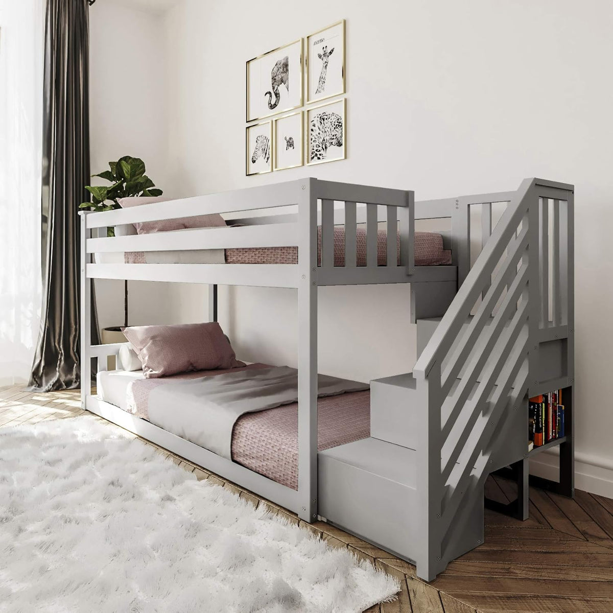 Twin Low Bunk Bed with Staircase, White S52667