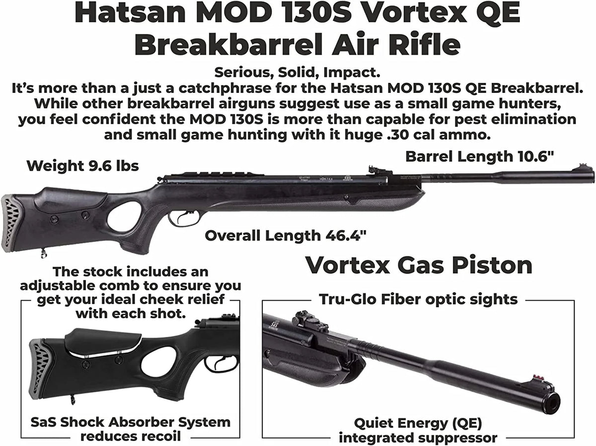 Hatsan Mod 130S Vortex QE .30 Cal Break Barrel Air Rifle and Pellets and Hat Bundle Z3971
