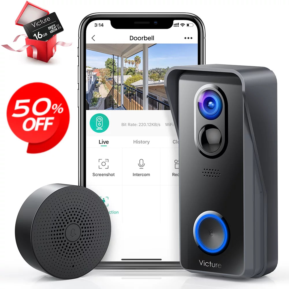 Wireless Video Doorbell Camera 1080P WiFi with Chime and Batteries Black R54536