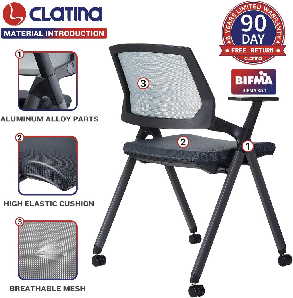 Black Mesh Stack Chairs with Caster Wheels and Arms 2 Pack N98676