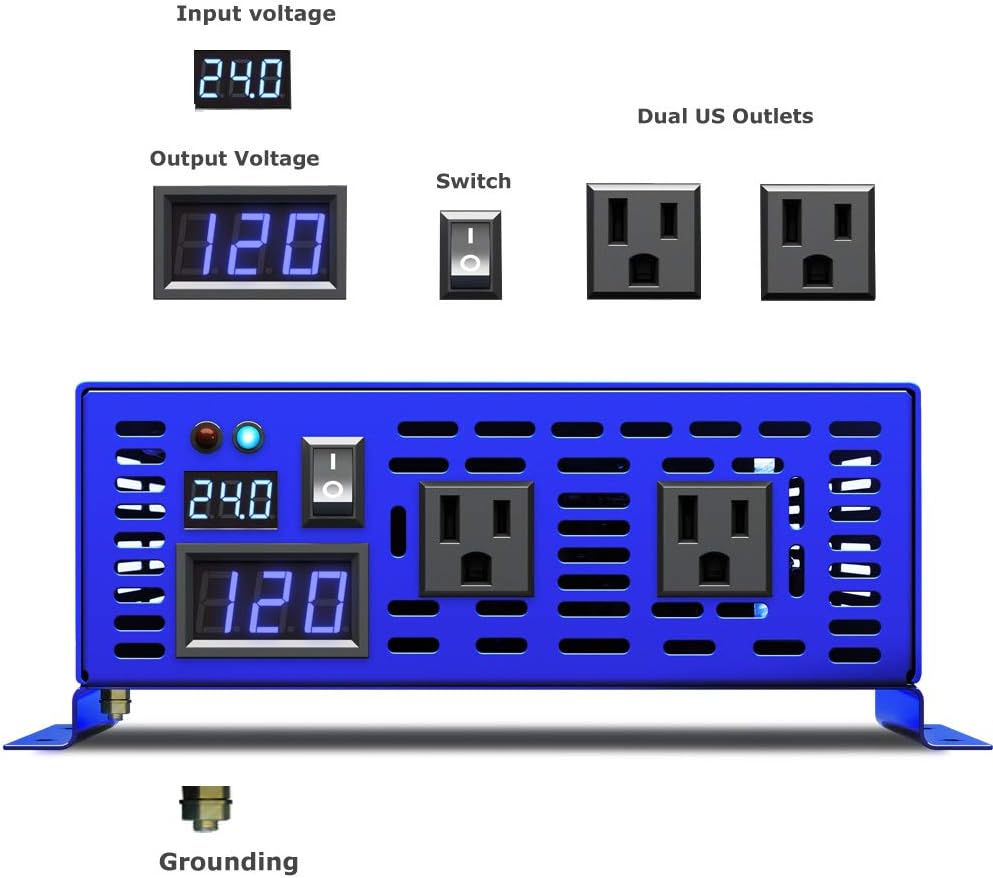 1500W Pure Sine Wave Power Inverter 24V DC to 110V 120V AC with LED Display Dual AC Outlets A303