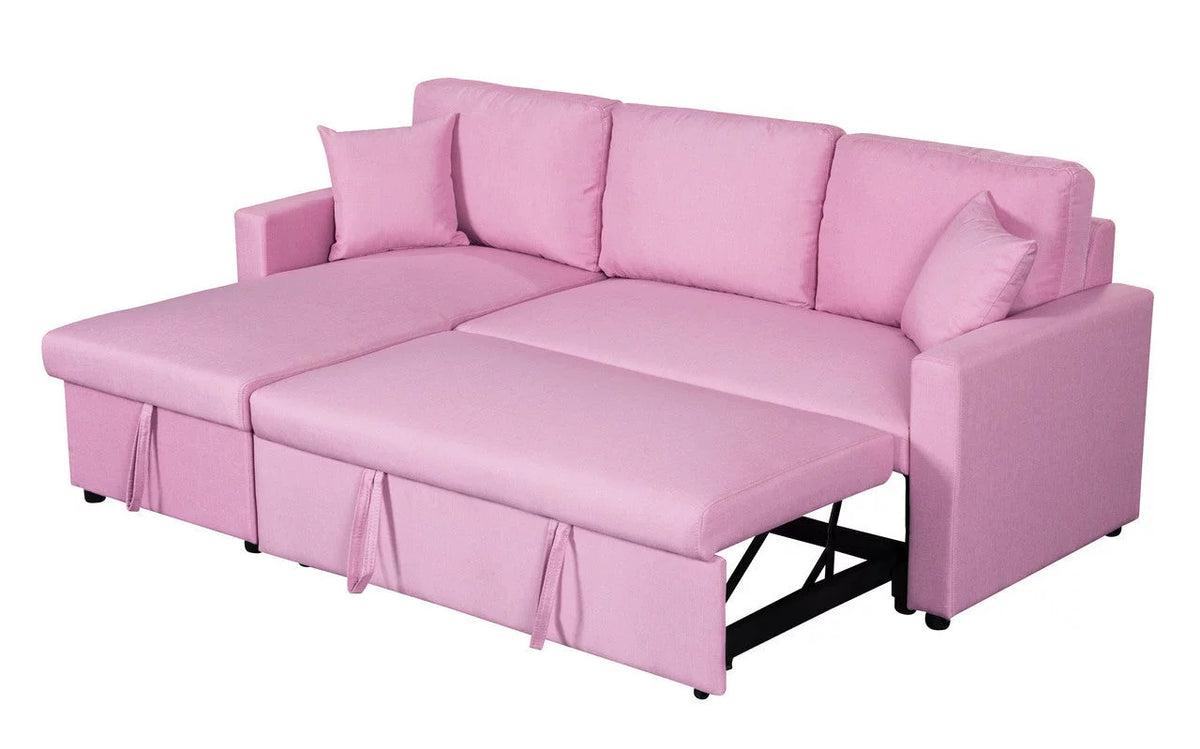 Pink Linen Reversible Sleeper Sectional Sofa with Storage L387
