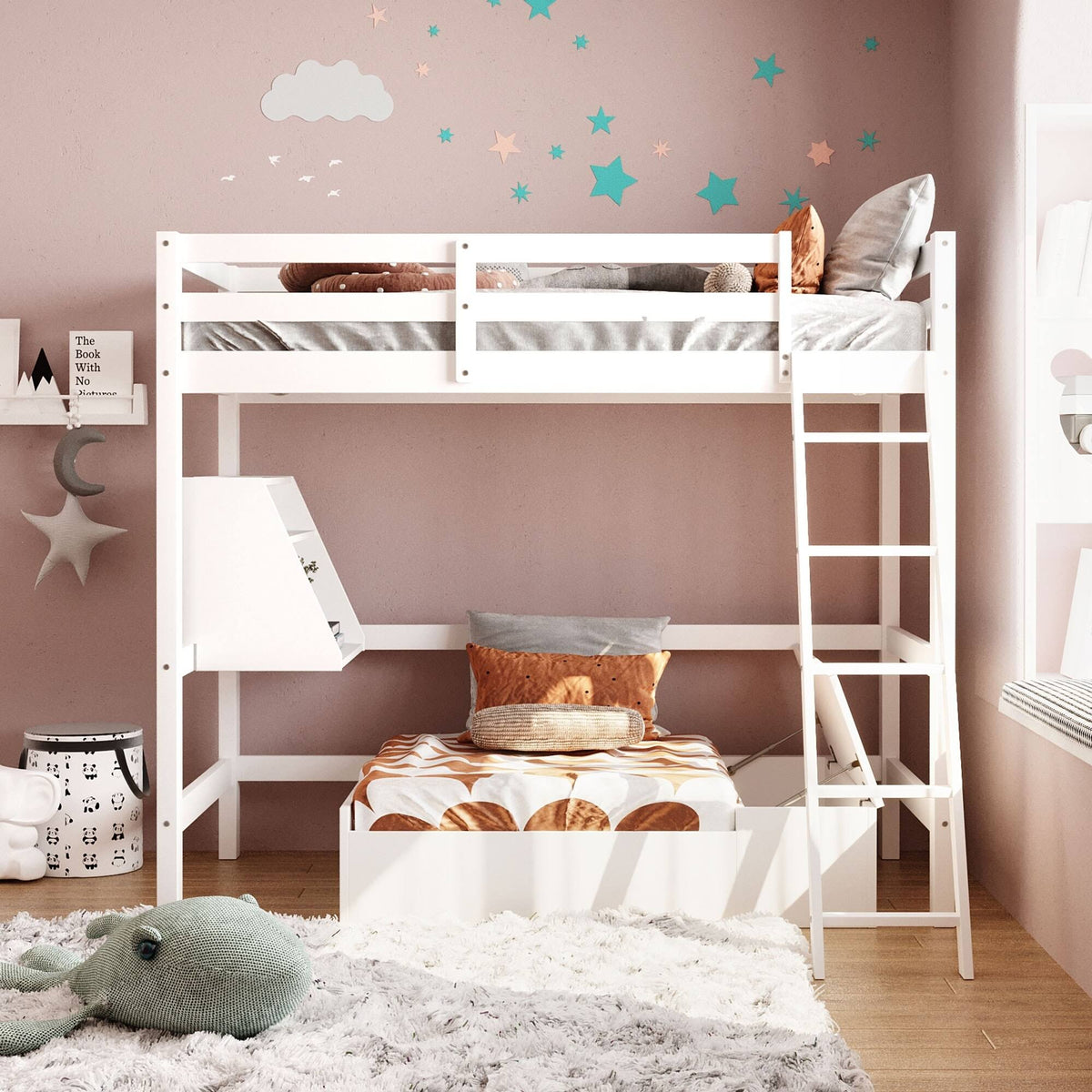 White Twin Loft Bed with Storage Drawer & Shelf J805