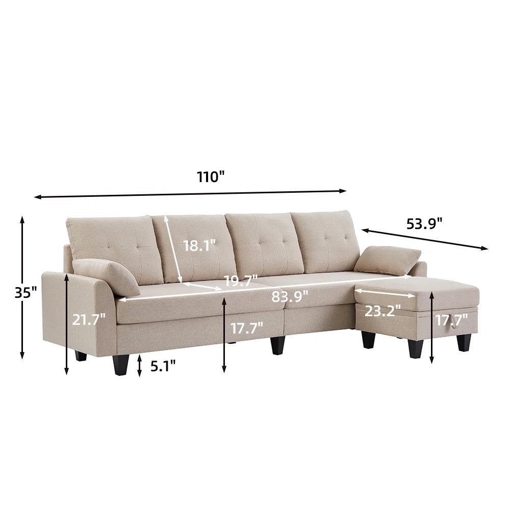 Modern Sectional Sofa with Reversible Chaise L Shaped 4-Seat Convertible Sofa H16617