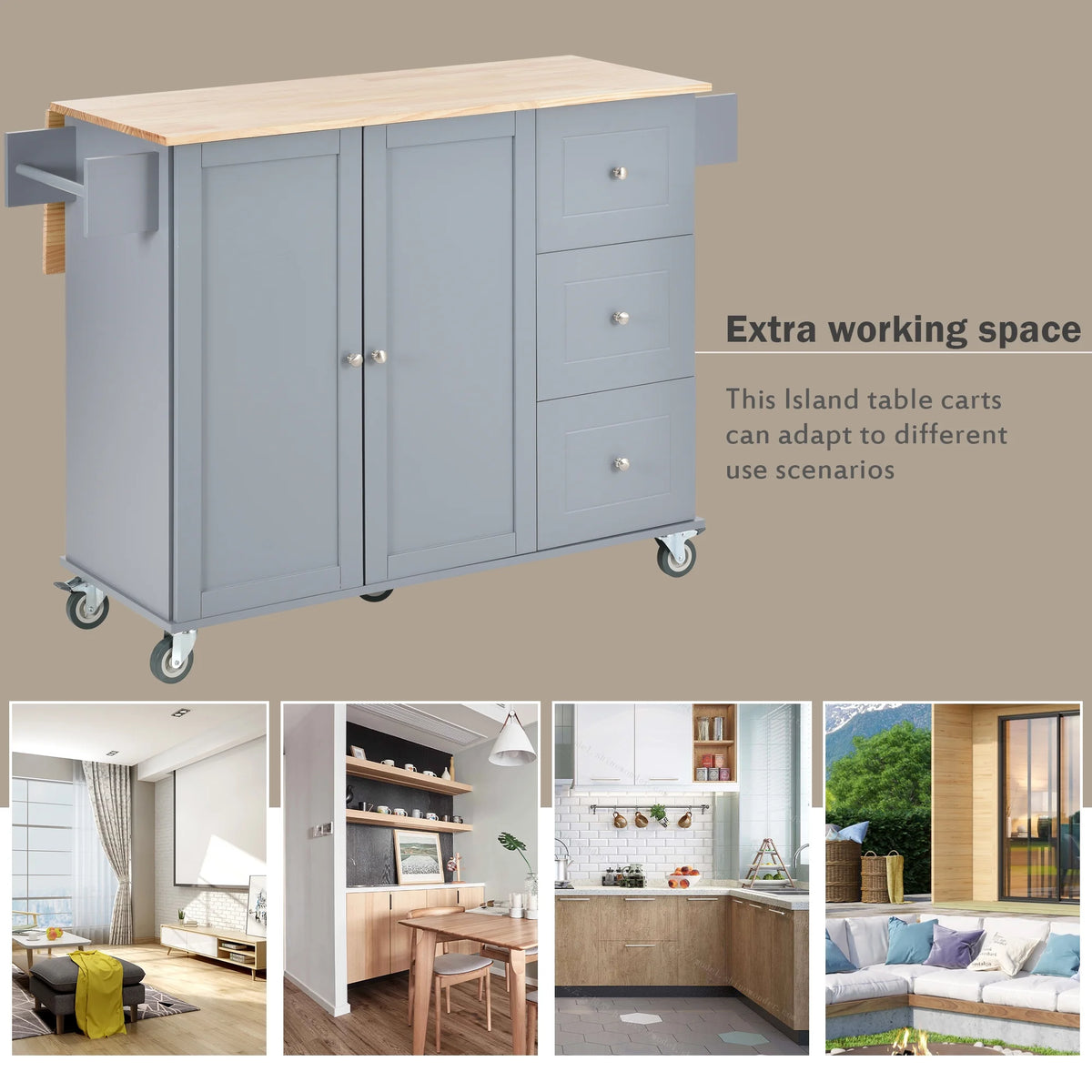 Blue Rolling Kitchen Cart with Drop Leaf Wood Top J346