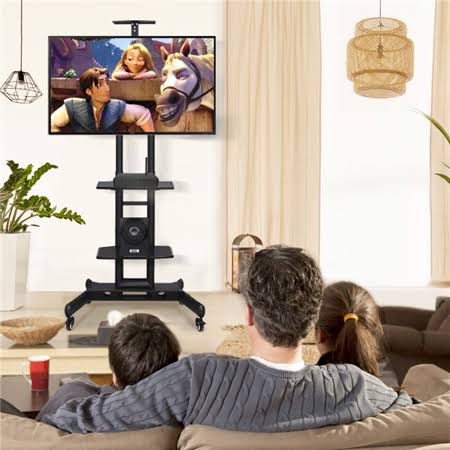 Adjustable Mobile TV Cart with Lockable Wheels 3 Tier Shelves Black J329