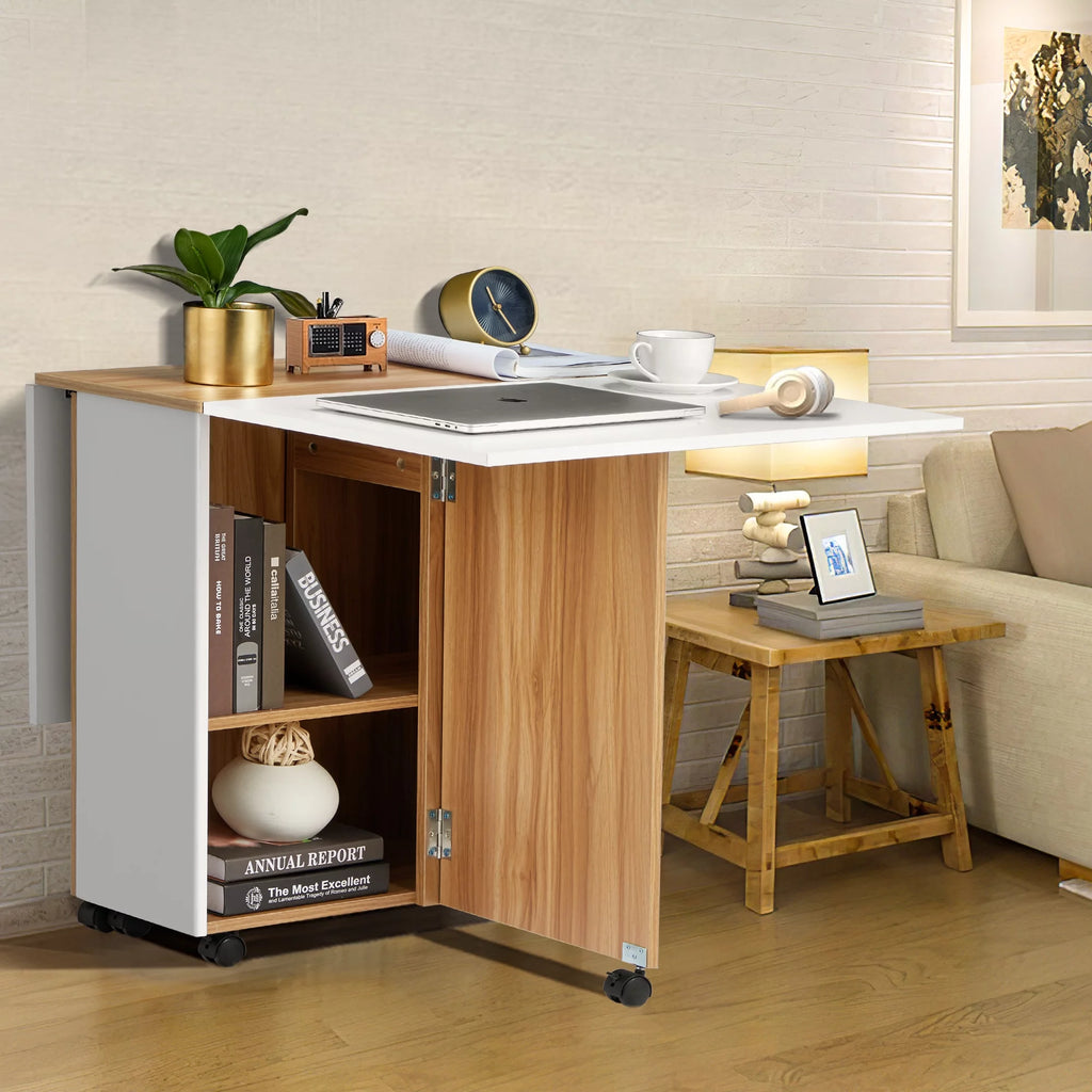 Folding Dining Table with 6 Wheels, Drawer and Storage Shelf, White and Wood Grain C61671