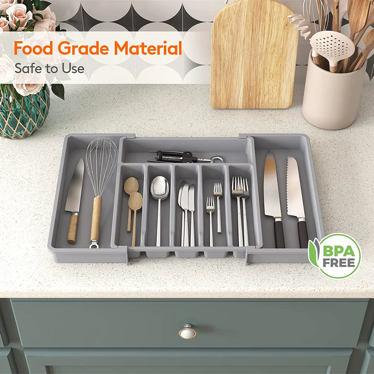 Grey Expandable Plastic Silverware Drawer Organizer G51751