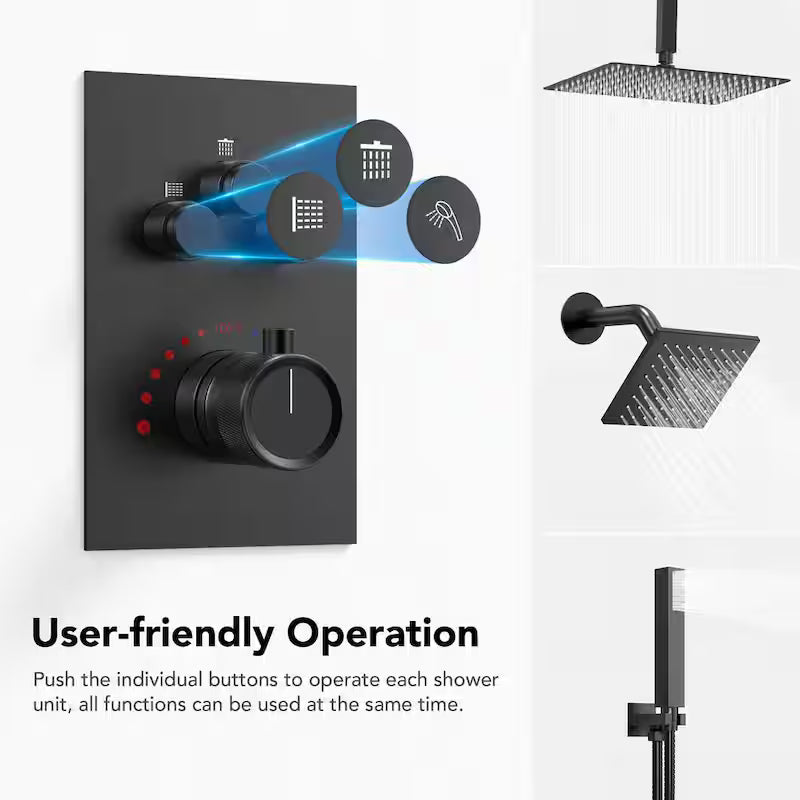 12 in. 6 in. Rainfall Wall and Ceiling Mount 2.5 GPM Fixed and Handheld Shower Head Matte Black I8030