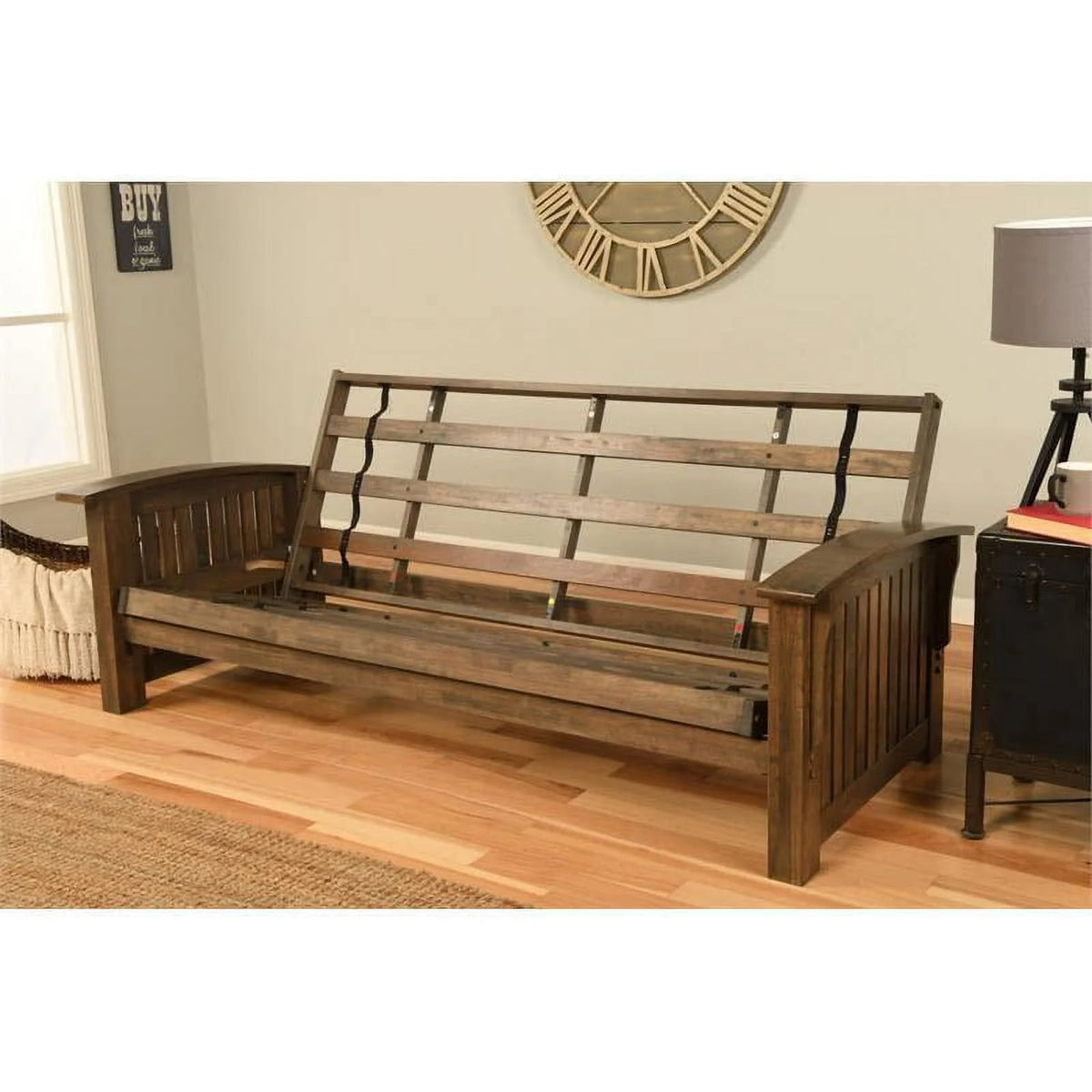 Queen Size Rustic Walnut Brown Wood Futon Frame E37224