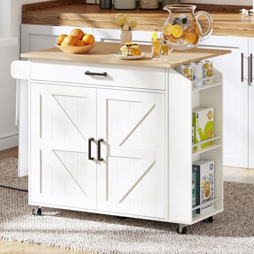 White Kitchen Island with Drop Leaf Countertop & Power Outlet W4625