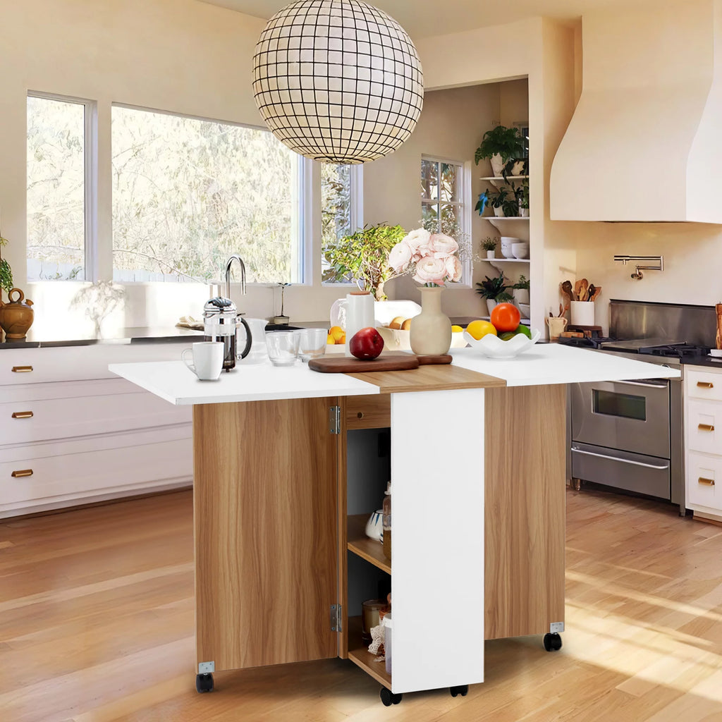 Folding Dining Table with 6 Wheels, Drawer and Storage Shelf, White and Wood Grain C61671