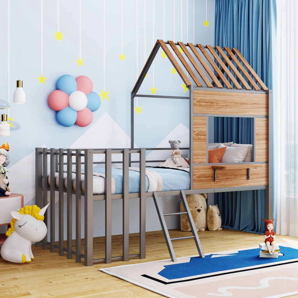 Twin Size Metal Loft Bed with Roof and Window V934