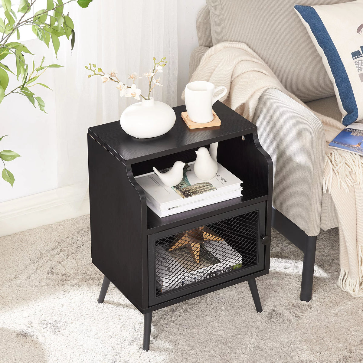Set of 2 Black Nightstand with Storage Cabinet I829