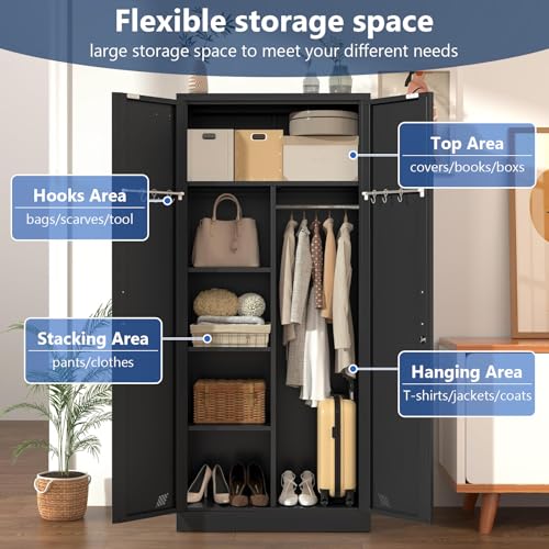 White Metal Armoire Wardrobe Closet with 2 Doors & 2 Drawers and Hanging Rod V323865