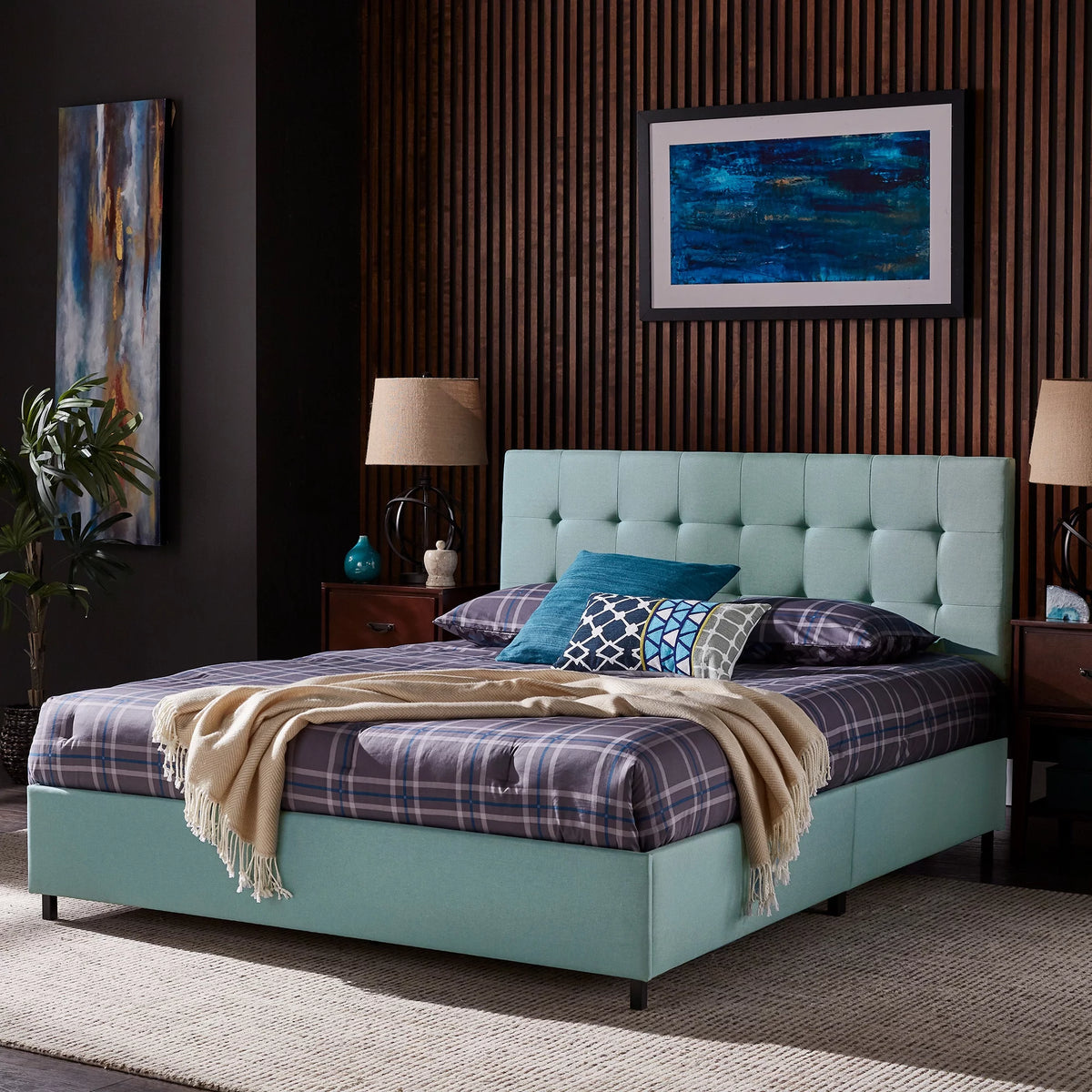Blue Linen Tufted Queen Platform Bed W60287