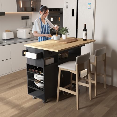 White Rolling Mobile Kitchen Island Cart with Drop Leaf Countertop and 5 Wheels M7134