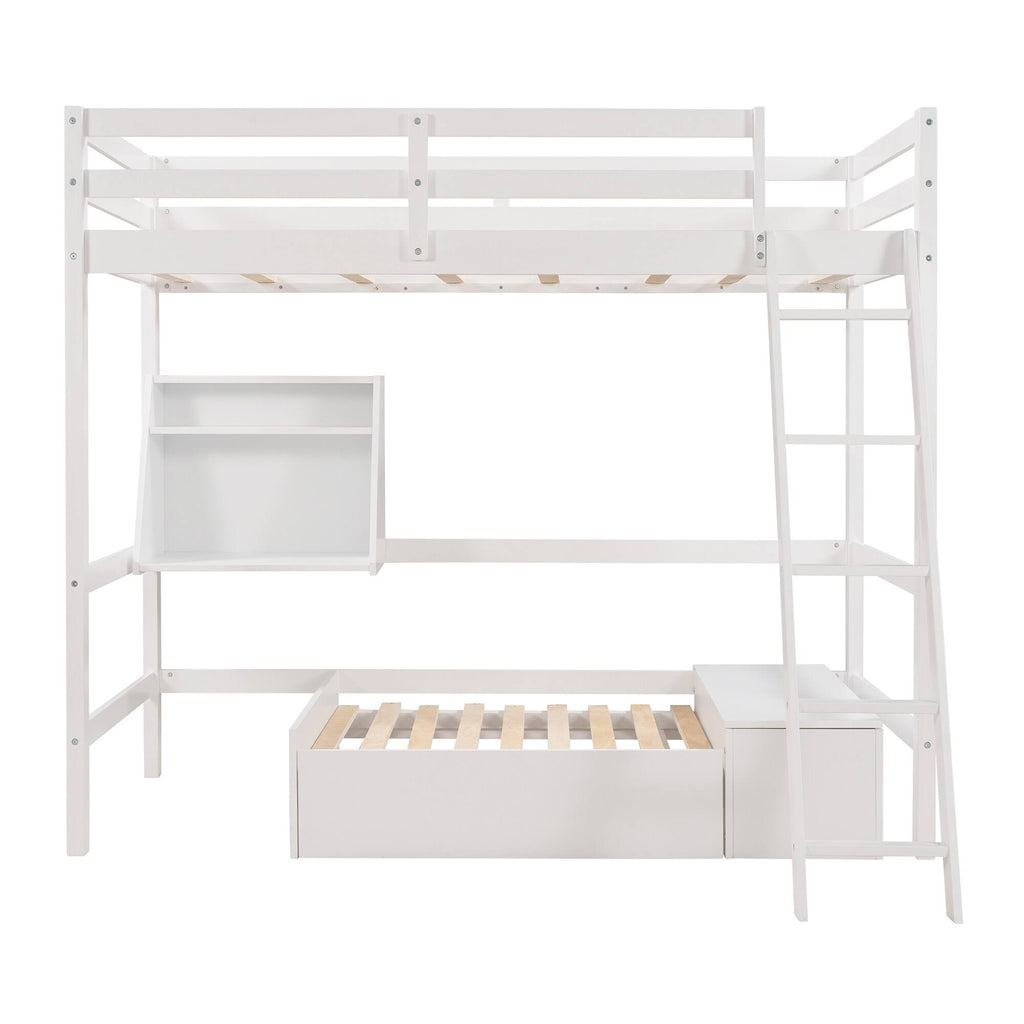 White Twin Loft Bed with Storage Drawer & Shelf J805