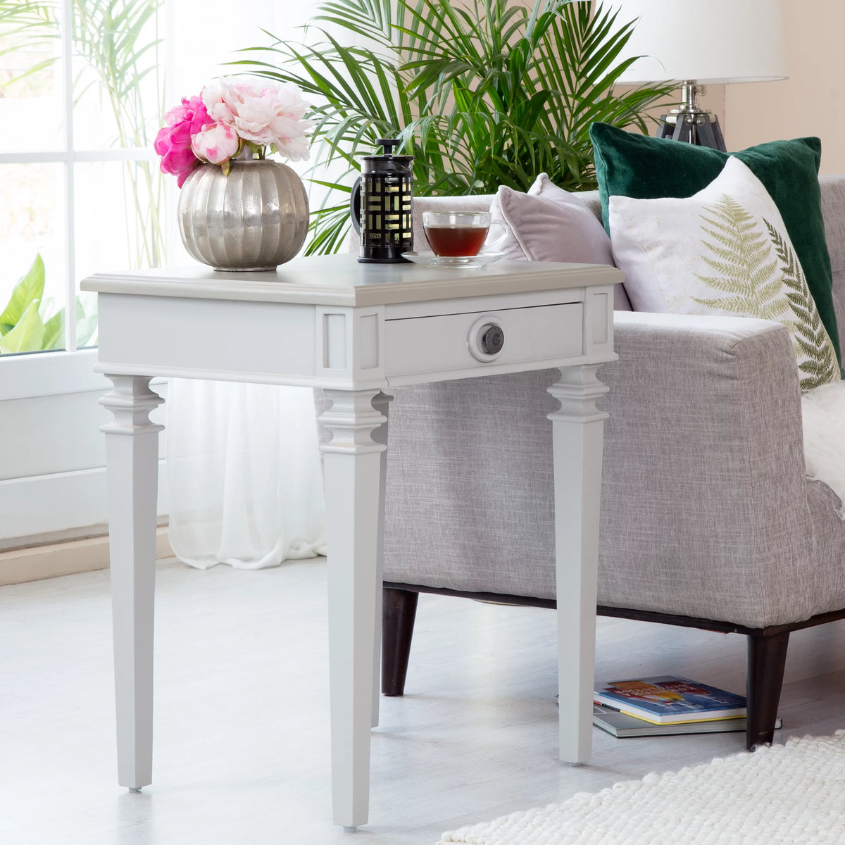 Light Gray Solid Wood End Table Nightstand with Drawer D25661