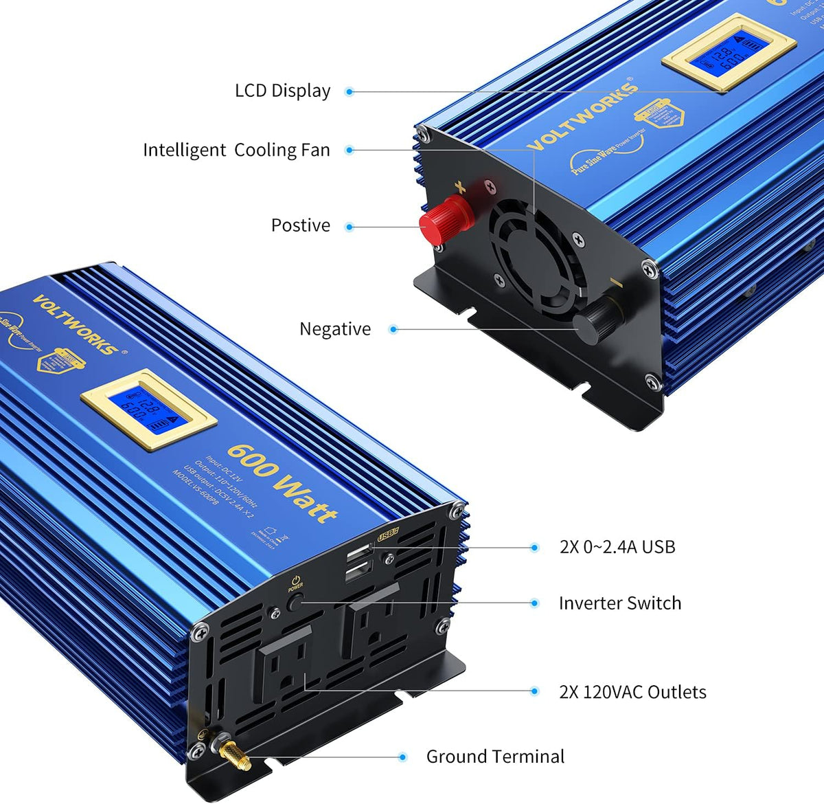600 Watts Pure Sine Wave Power Inverter DC 12V to AC 110V 120V with USB Port & LCD Display K1861