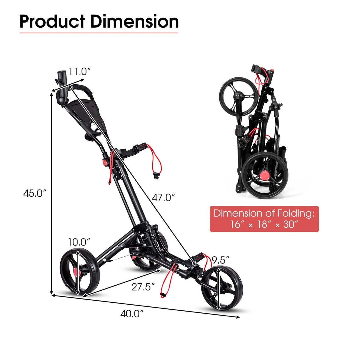 Foldable 3 Wheel Steel Golf Push Cart with Umbrella Holder K1762