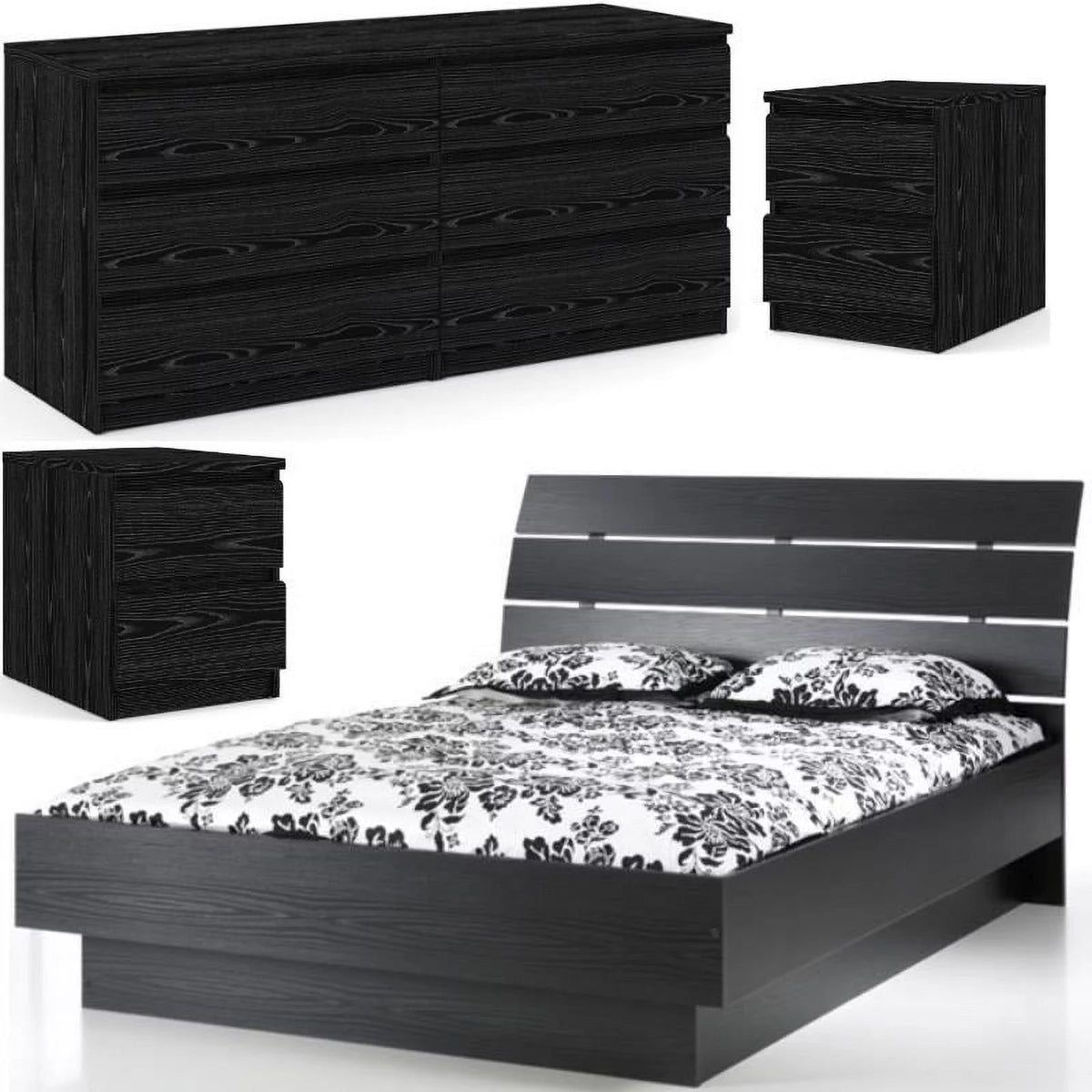 Black 4pc Queen Bed Dresser & 2 Nightstands D42917