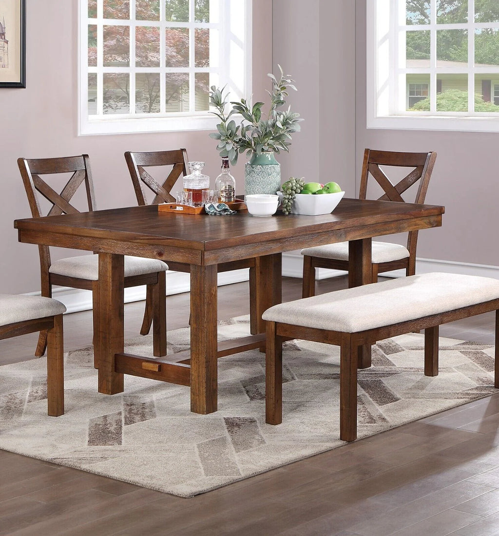 6pc Dining Set Table 4 Side Chairs Bench Cushion Upholstered Solid Wood R9324