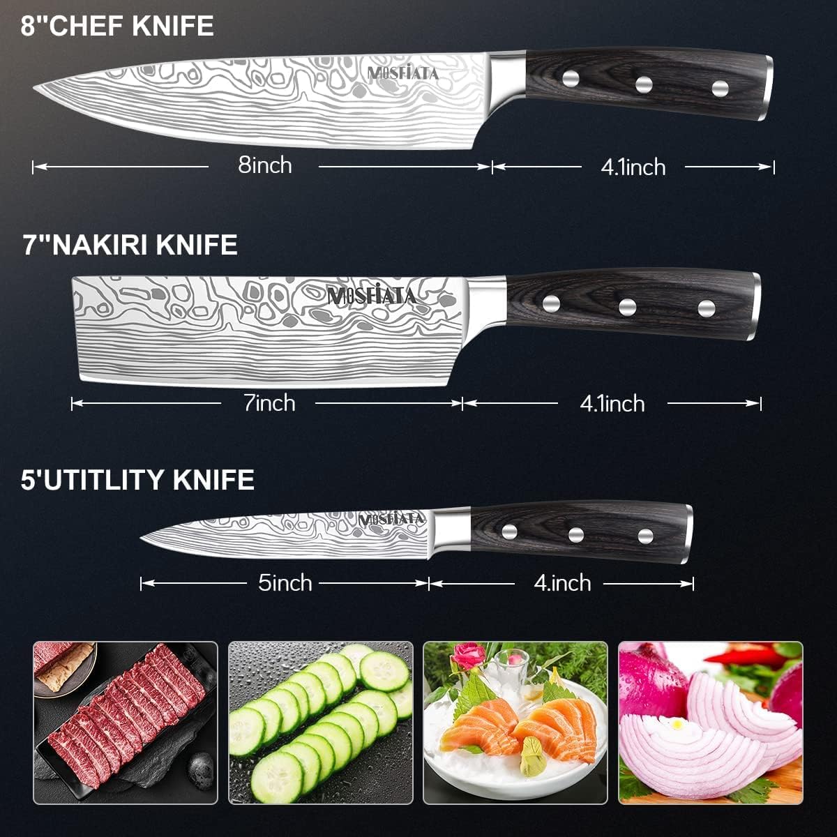3 PCS German High Carbon Stainless Steel Chef Knife Set with Magnetic Knife Block I2328