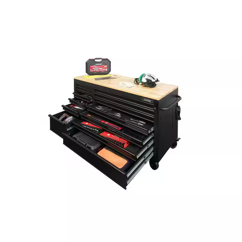 Heavy Duty Matte Black Mobile Workbench Cabinet with Wood Top B555979
