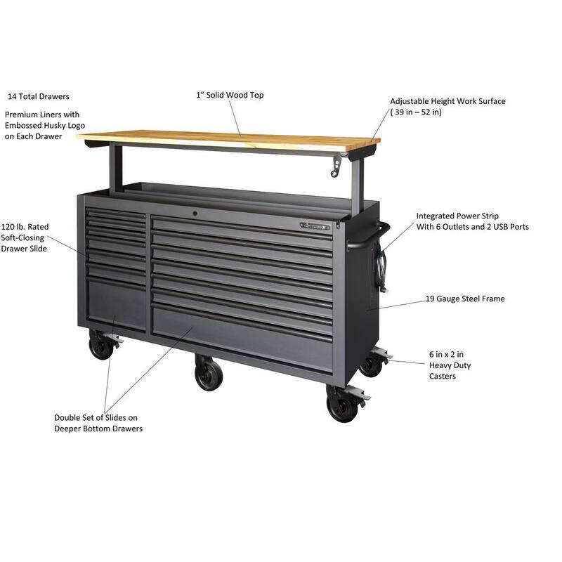 Heavy Duty Matte Black Mobile Workbench Cabinet with Wood Top B555979