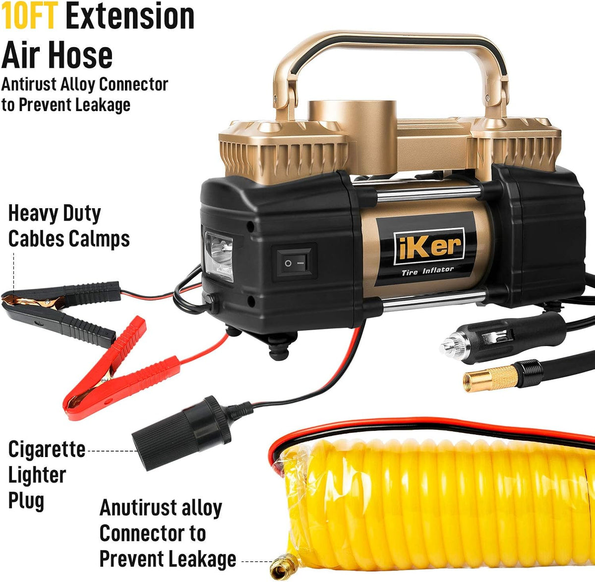 Portable Air Compressor Pump Tire Inflator, Digital Gauge 12V 70L/Min Double Cylinders 150PSI with LED Lights, 11.5ft Air Hose and Tire Repair Kit Pack of 2 K7877