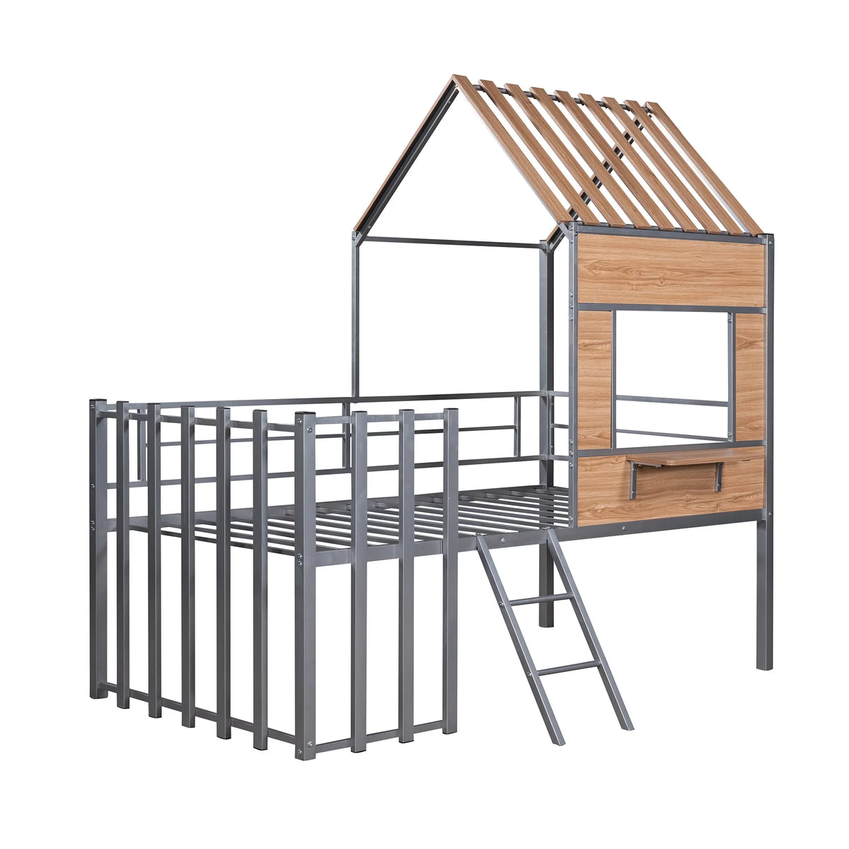 Twin Size Metal Loft Bed with Roof and Window V934