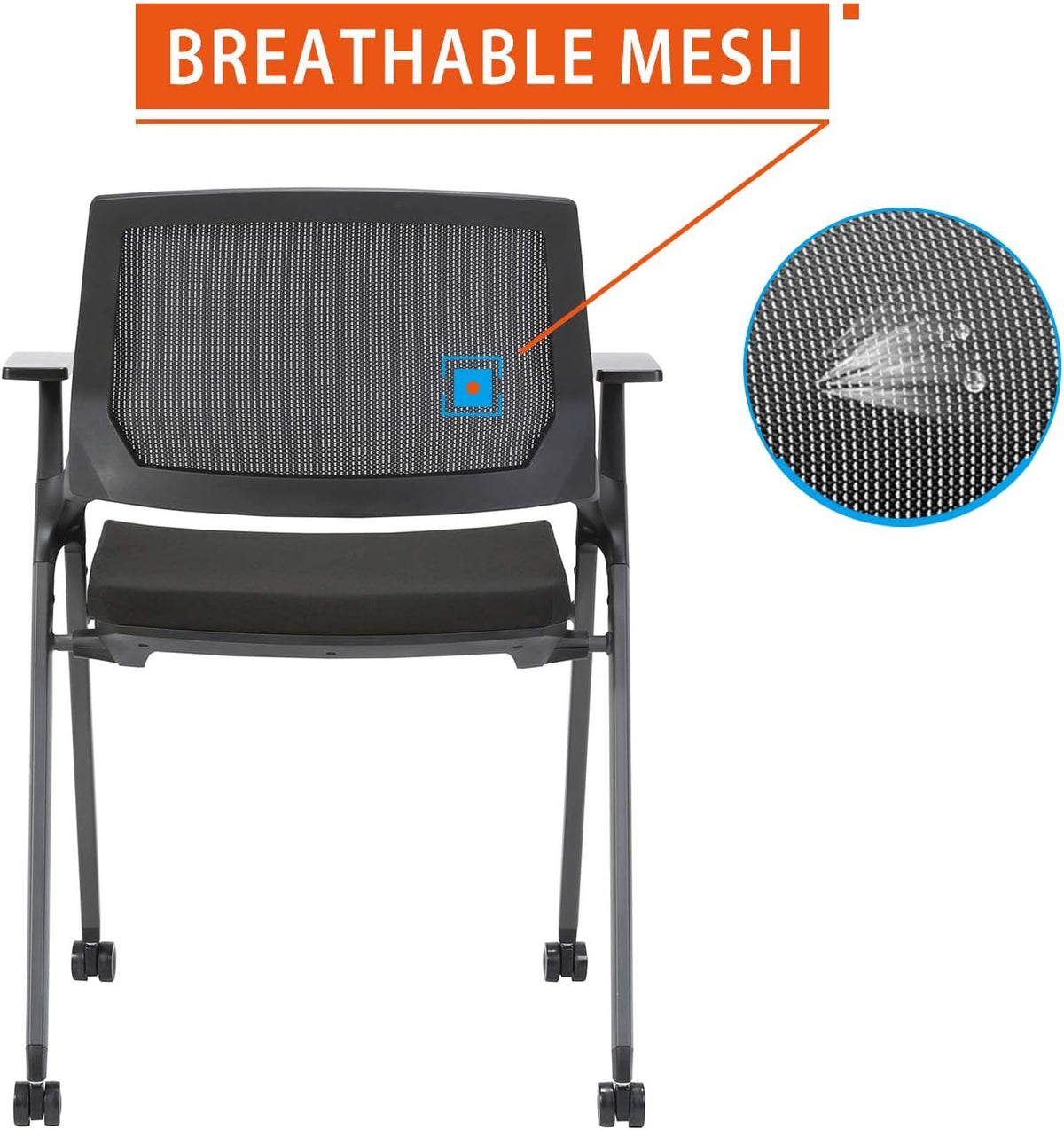 Black Mesh Stack Chairs with Caster Wheels and Arms 2 Pack N98676
