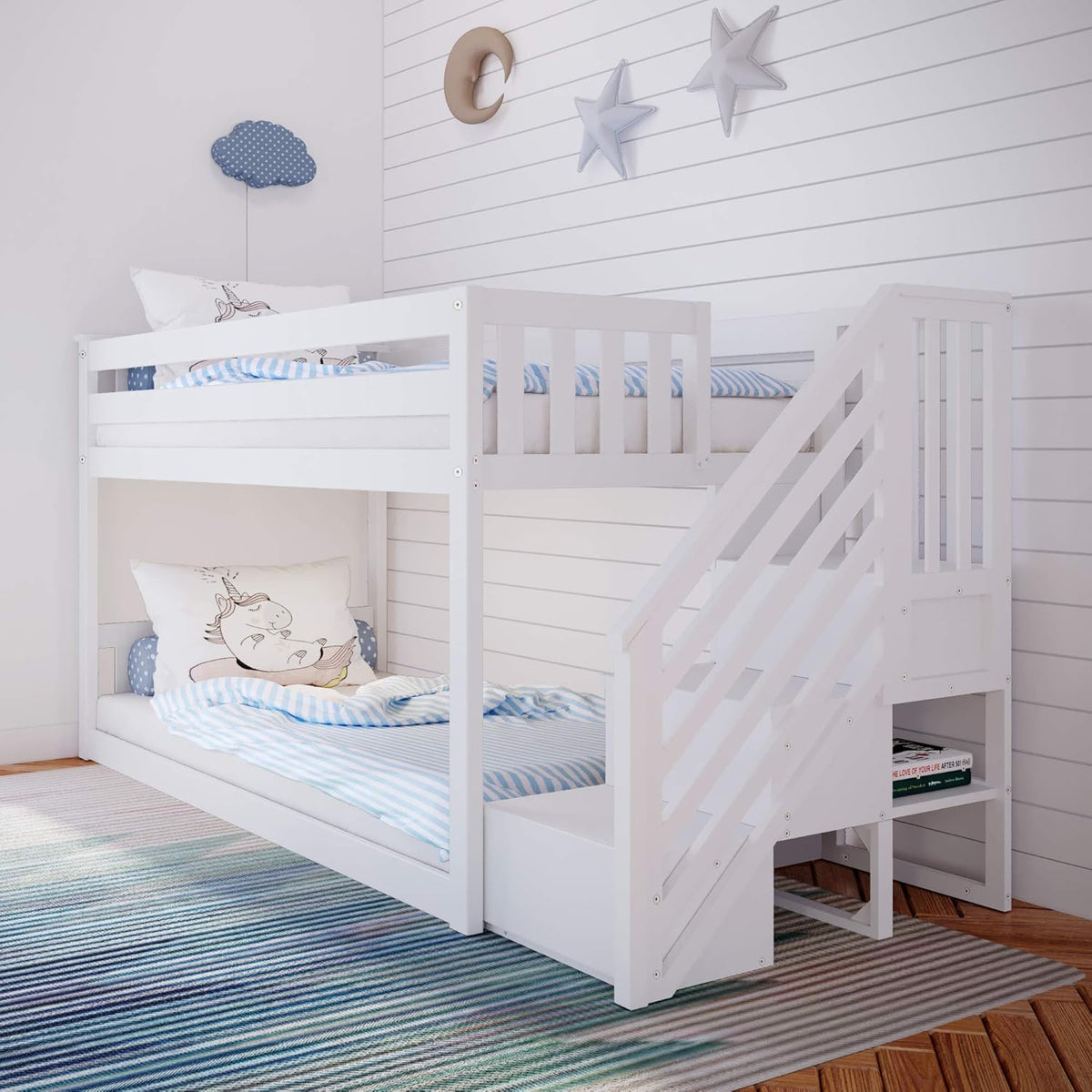 Twin Low Bunk Bed with Staircase, White S52667