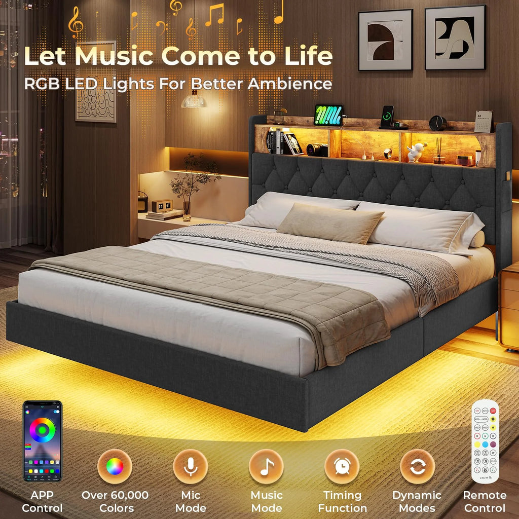 Full Size Floating Bed Frame with Charging Station and LED Lights O62319