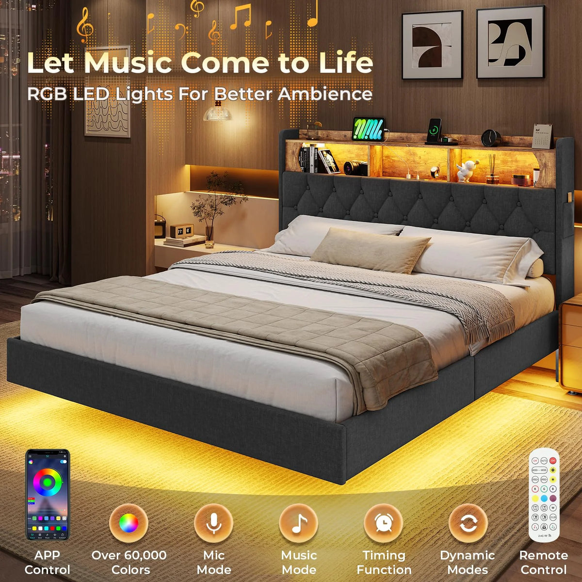 Full Size Floating Bed Frame with Charging Station and LED Lights O62319