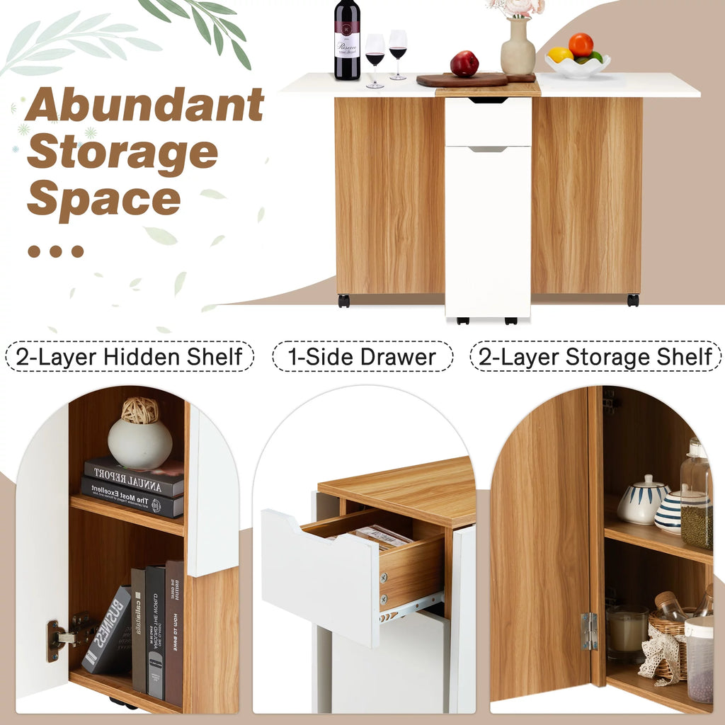 Folding Dining Table with 6 Wheels, Drawer and Storage Shelf, White and Wood Grain C61671