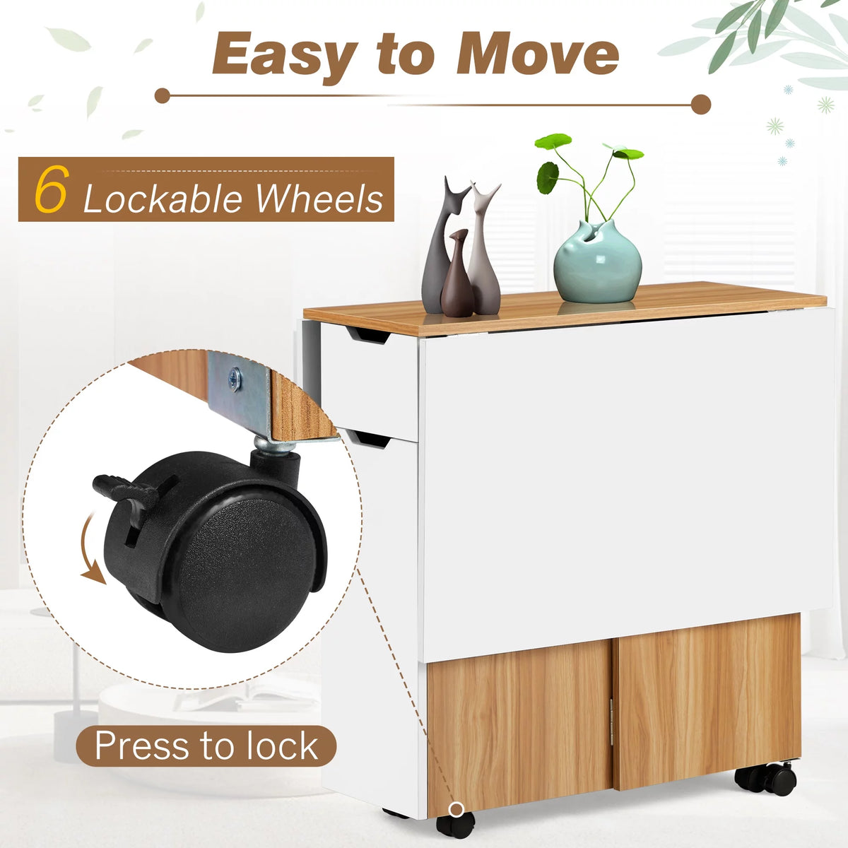Folding Dining Table with 6 Wheels, Drawer and Storage Shelf, White and Wood Grain C61671