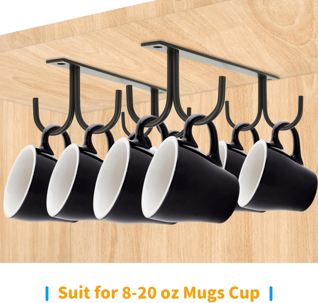 6 Pack Black Under Cabinet Mug Rack with 24 Hooks J823465