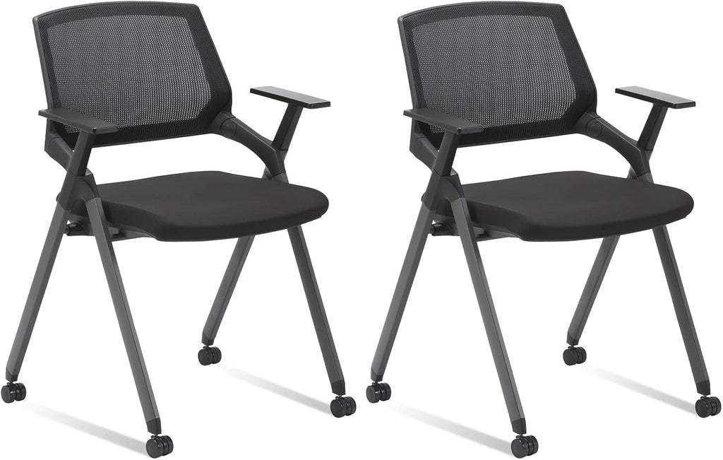 Black Mesh Stack Chairs with Caster Wheels and Arms 2 Pack N98676