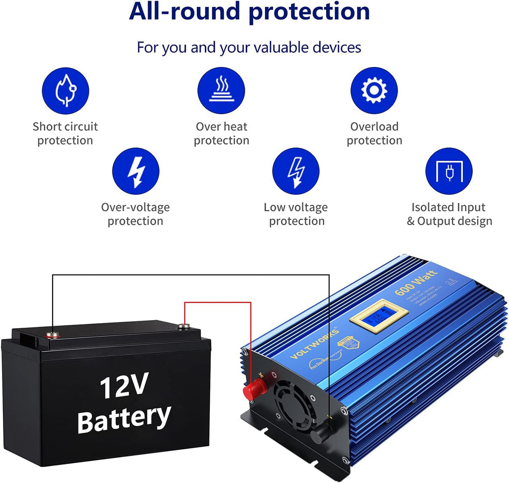 600 Watts Pure Sine Wave Power Inverter DC 12V to AC 110V 120V with USB Port & LCD Display K1861