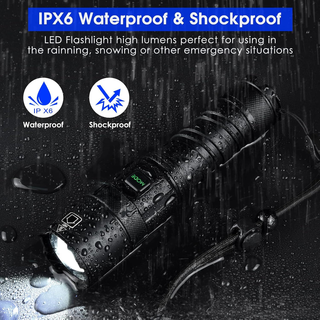Rechargeable LED Flashlight 100000 High Lumens 5 Modes Zoomable IPX6 Waterproof A58304