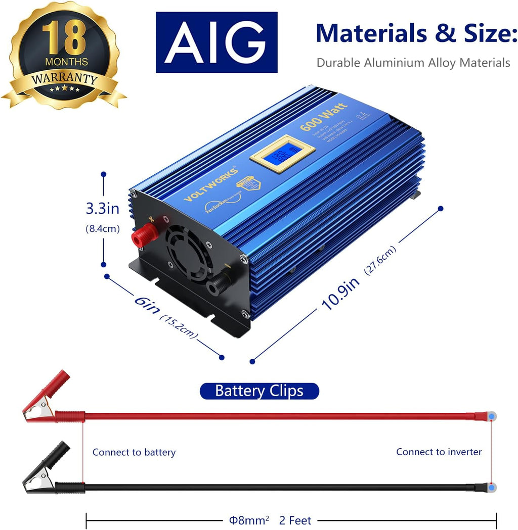 600 Watts Pure Sine Wave Power Inverter DC 12V to AC 110V 120V with USB Port & LCD Display K1861