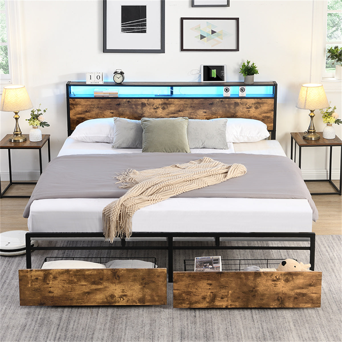 Full Bed Frame with Storage Headboard E2365
