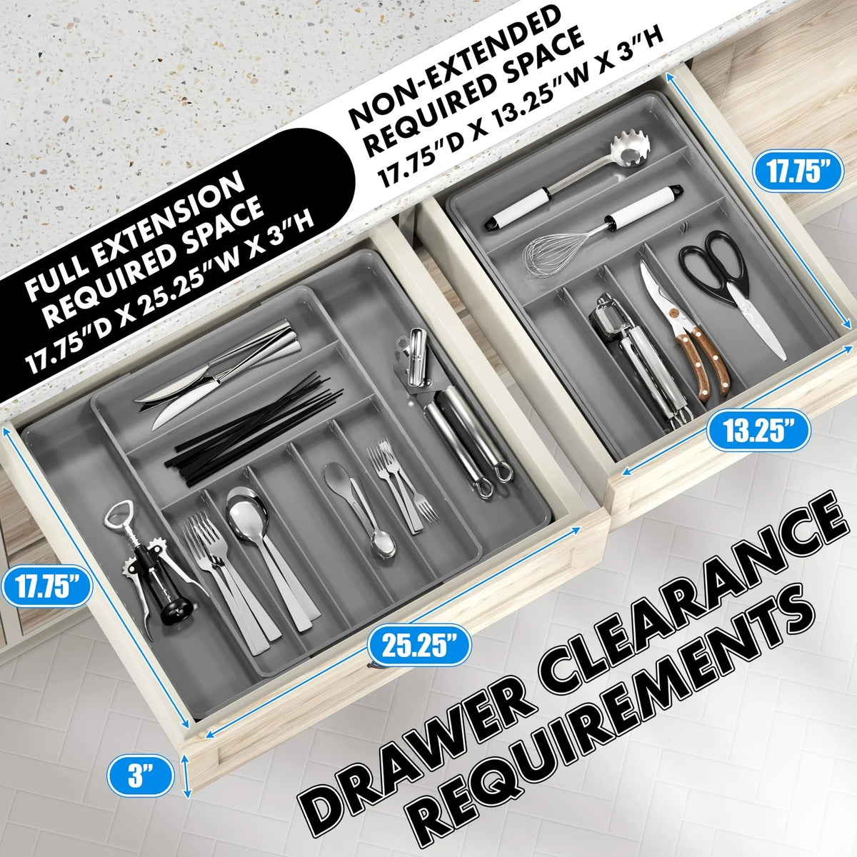 9 Compartment Expandable Cutlery Tray, Gray W2923