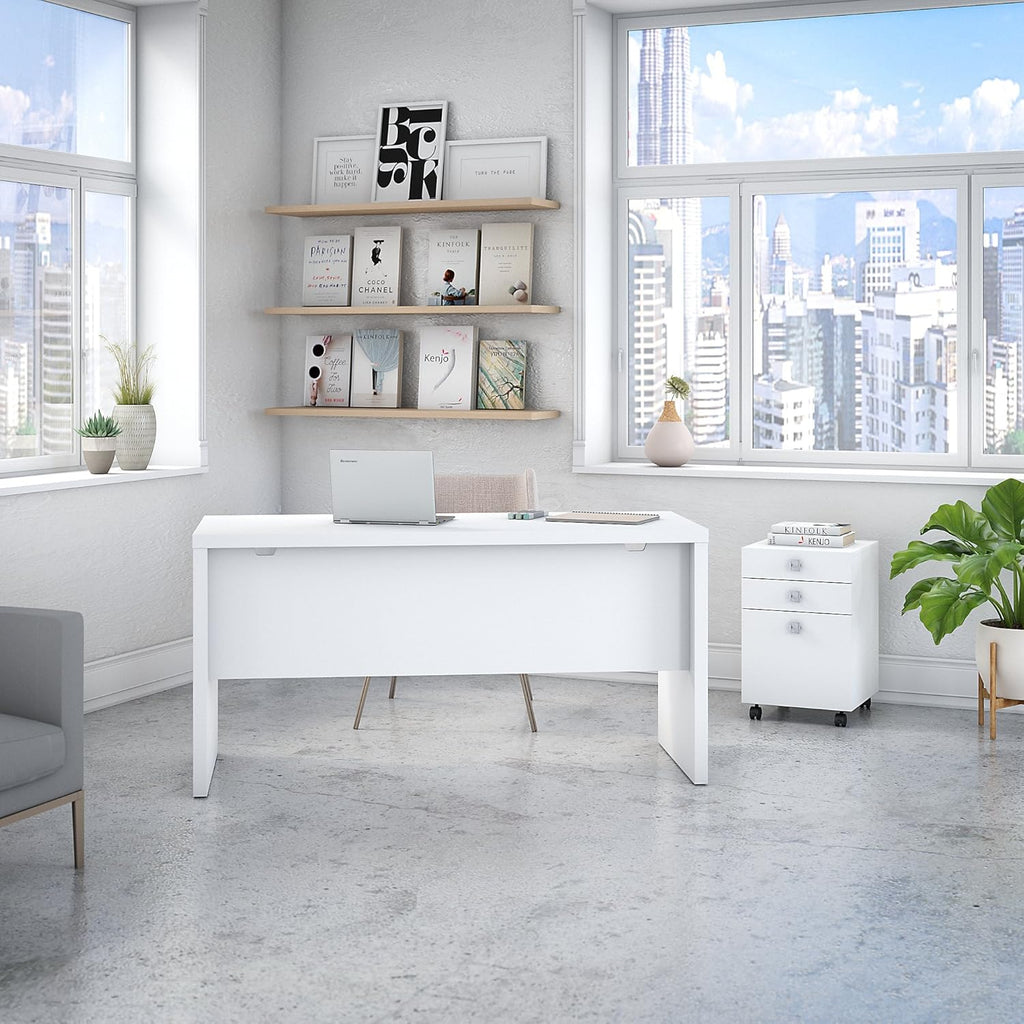 Pure White Credenza Desk with Mobile File Cabinet C270902