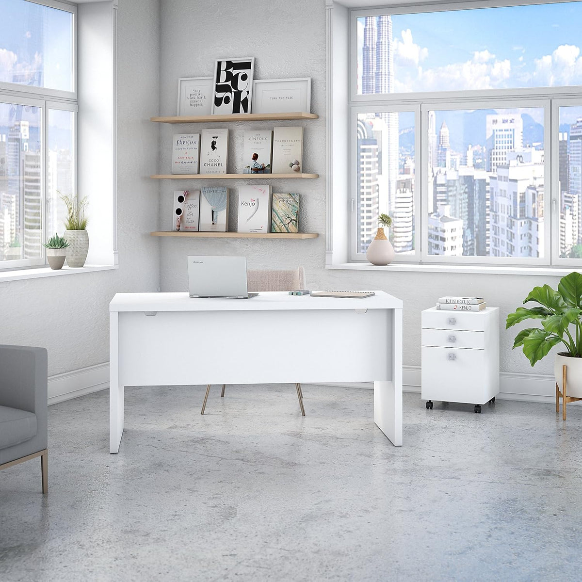 Pure White Credenza Desk with Mobile File Cabinet C270902