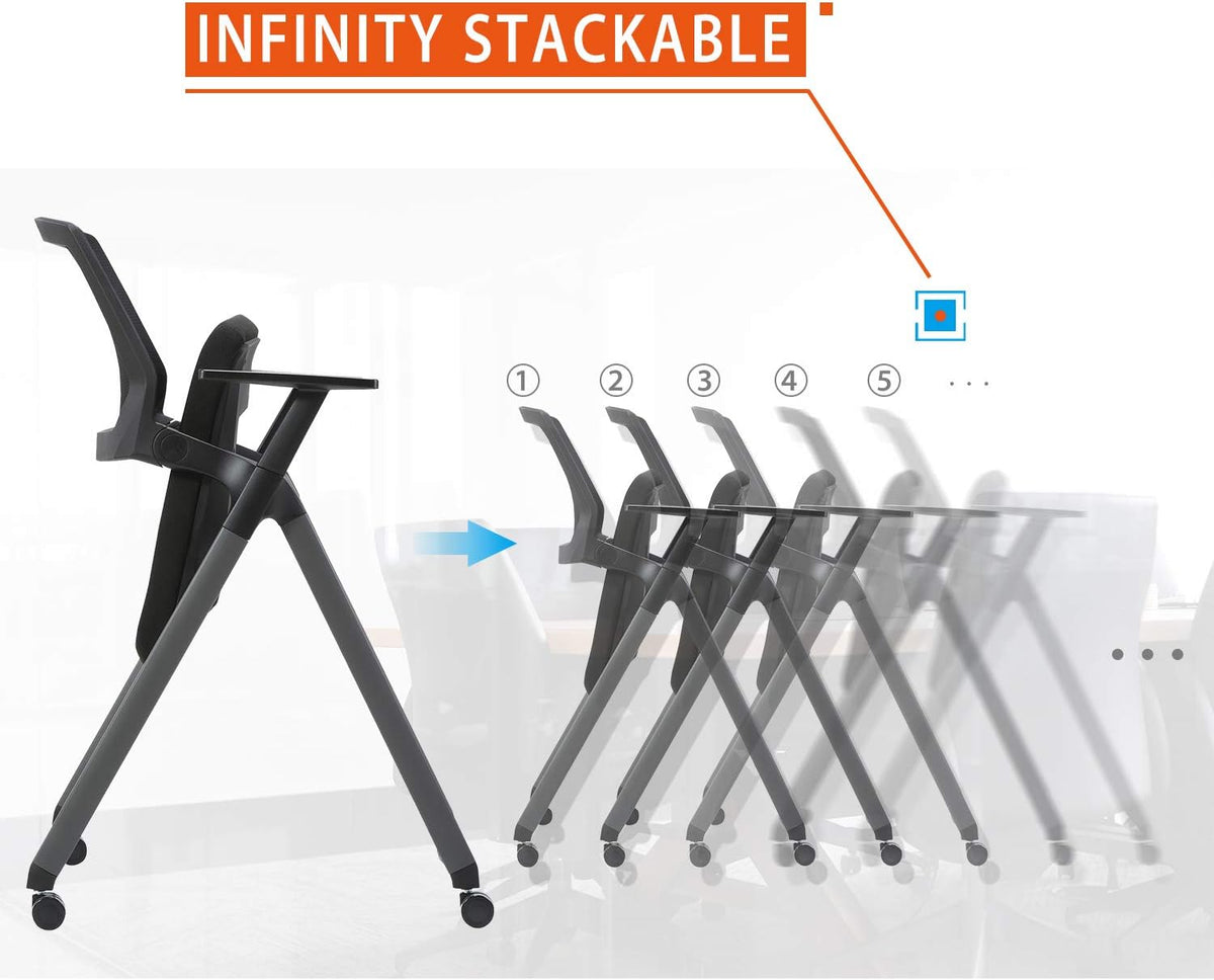 Black Mesh Stack Chairs with Caster Wheels and Arms 2 Pack N98676