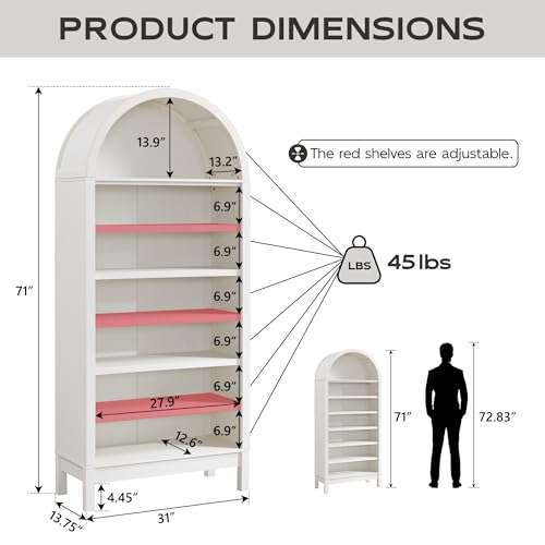 Natural 7 Tier Arched Bookshelf with Adjustable Shelves X705